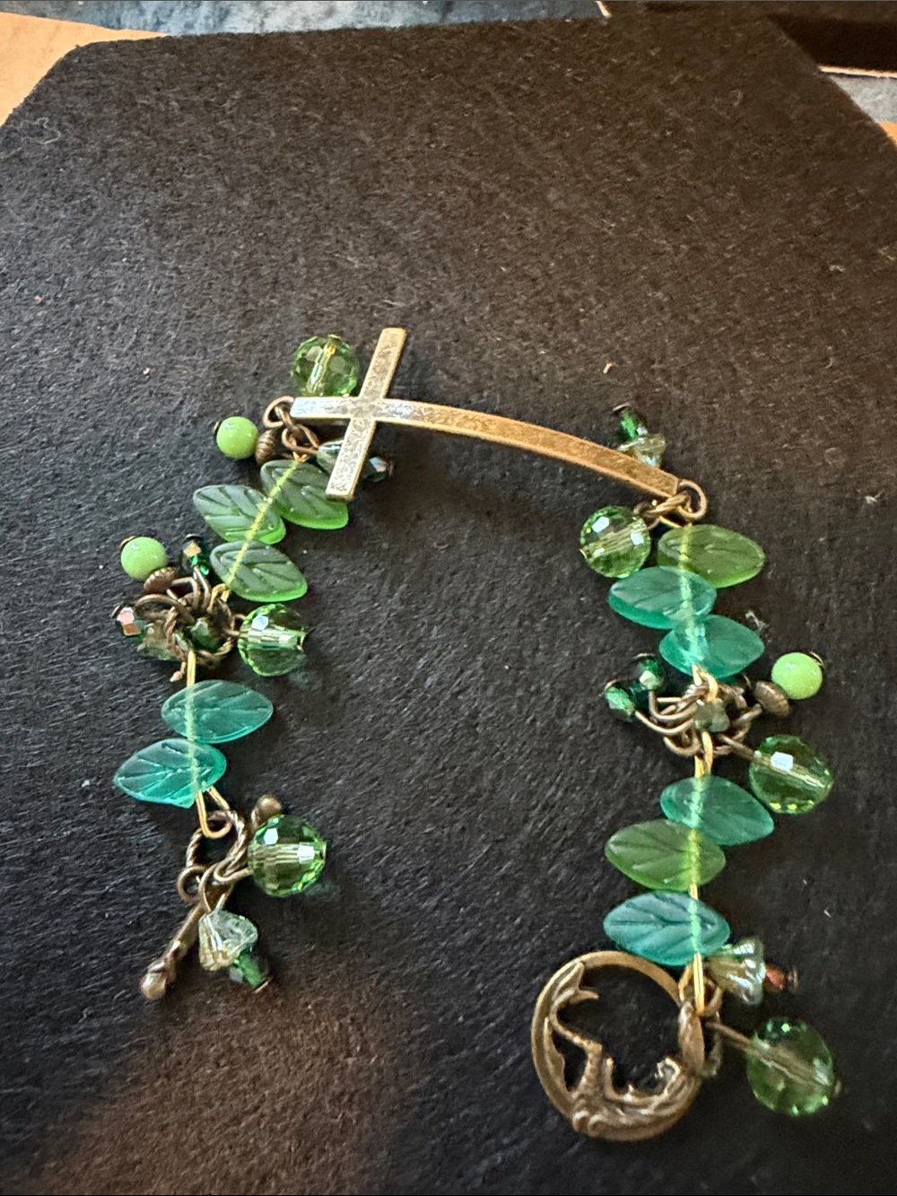 Vintage Green Leaf Charm Cross Bracelet - Women Jewelry